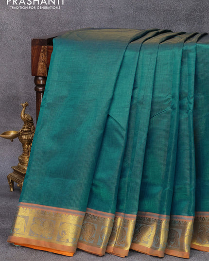 10 yards silk cotton saree peacock green and dark mustard with allover vairosi pattern and annam & elephant zari woven border without blouse