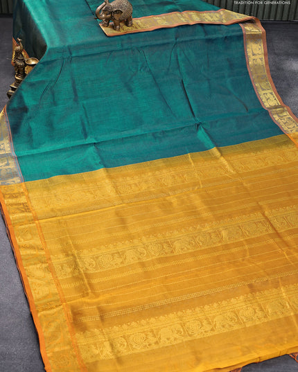 10 yards silk cotton saree peacock green and dark mustard with allover vairosi pattern and annam & elephant zari woven border without blouse