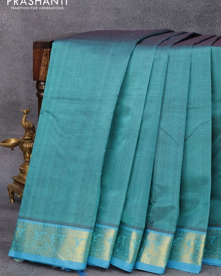 10 yards silk cotton saree teal green shade and cs blue with plain body and annam zari woven border without blouse