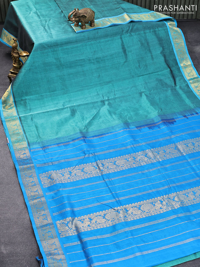 10 yards silk cotton saree teal green shade and cs blue with plain body and annam zari woven border without blouse