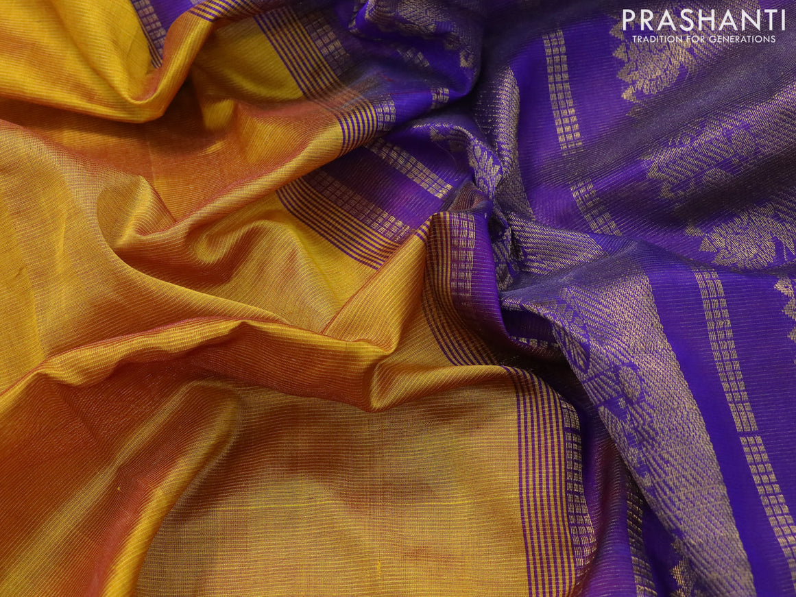 10 yards silk cotton saree mustard yellow and blue with allover vairosi pattern and zari woven border without blouse