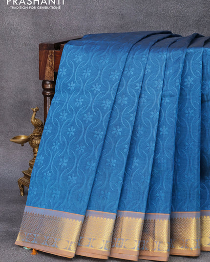 10 yards silk cotton saree cs blue and mustard yellow with allover self emboss jaquard and zari woven border without blouse
