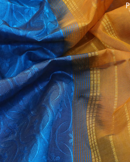 10 yards silk cotton saree cs blue and mustard yellow with allover self emboss jaquard and zari woven border without blouse