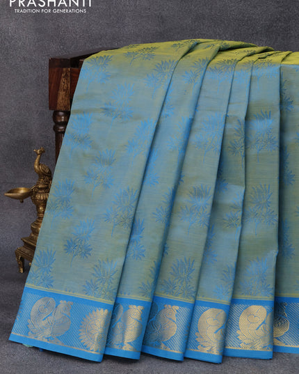 10 yards silk cotton saree dual shade of bluish yellow and blue with allover self emboss jaquard and annam & rudhraksha zari woven border without blouse