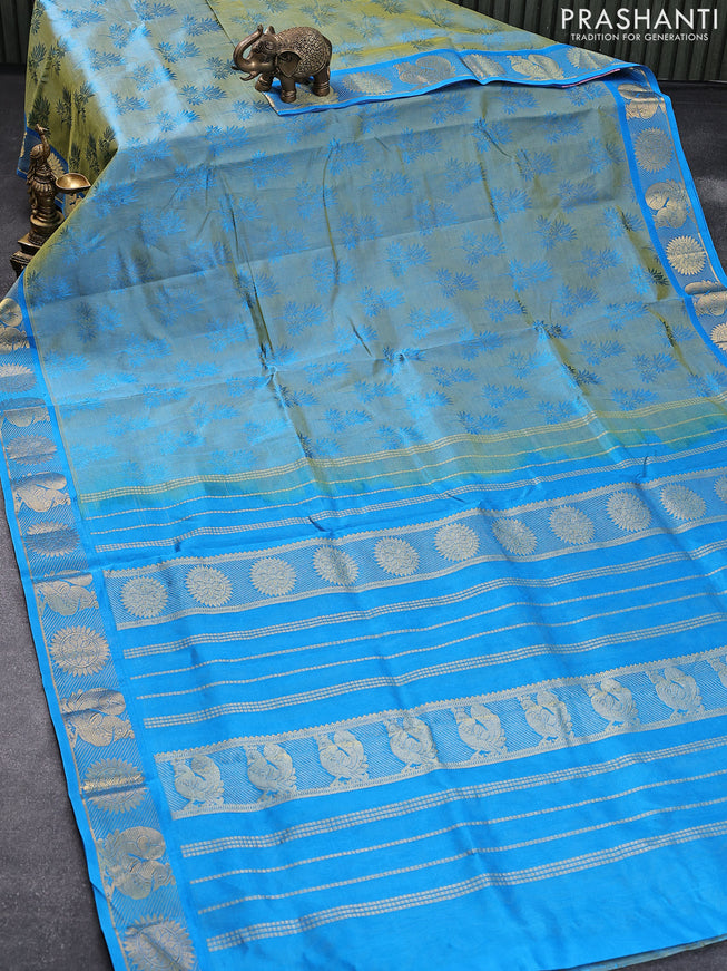 10 yards silk cotton saree dual shade of bluish yellow and blue with allover self emboss jaquard and annam & rudhraksha zari woven border without blouse