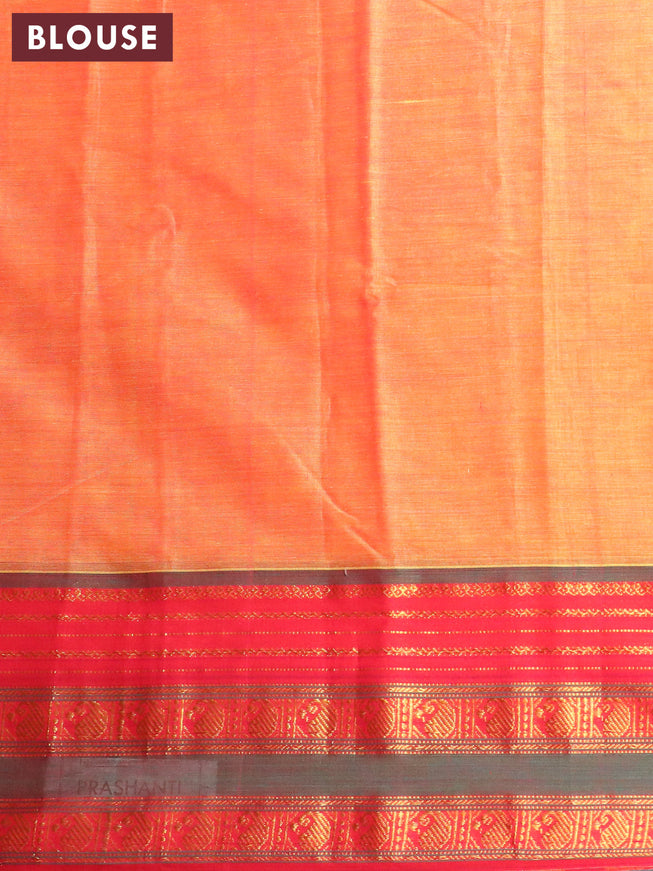 Narayanpet cotton saree dual shade of mustard yellow and red with plain body and zari woven paisley border