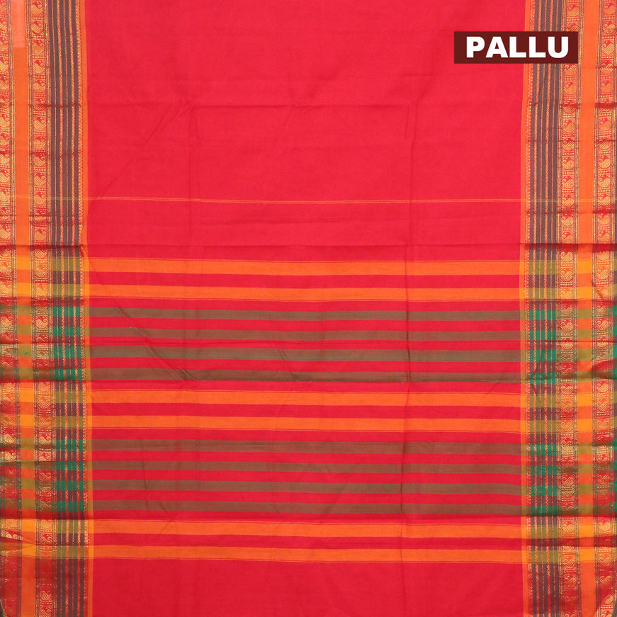Narayanpet cotton saree red and dual shade of green with plain body and zari woven paisely border