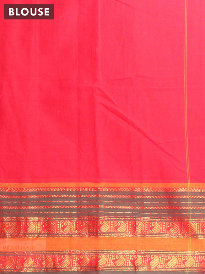 Narayanpet cotton saree red and dual shade of green with plain body and zari woven paisely border
