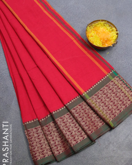 Narayanpet cotton saree red and dual shade of green with plain body and thread woven border