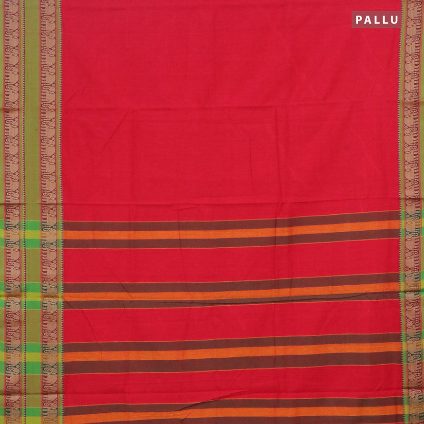 Narayanpet cotton saree red and light green with plain body and elephant design thread woven border