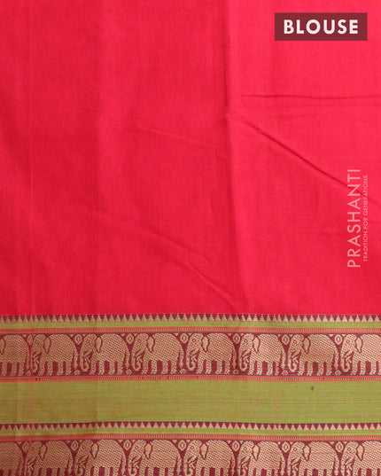Narayanpet cotton saree red and light green with plain body and elephant design thread woven border