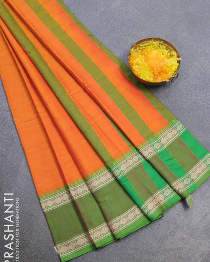 Narayanpet cotton saree orange with plain body and rettapet rudhraksha thread woven ganga jamuna border
