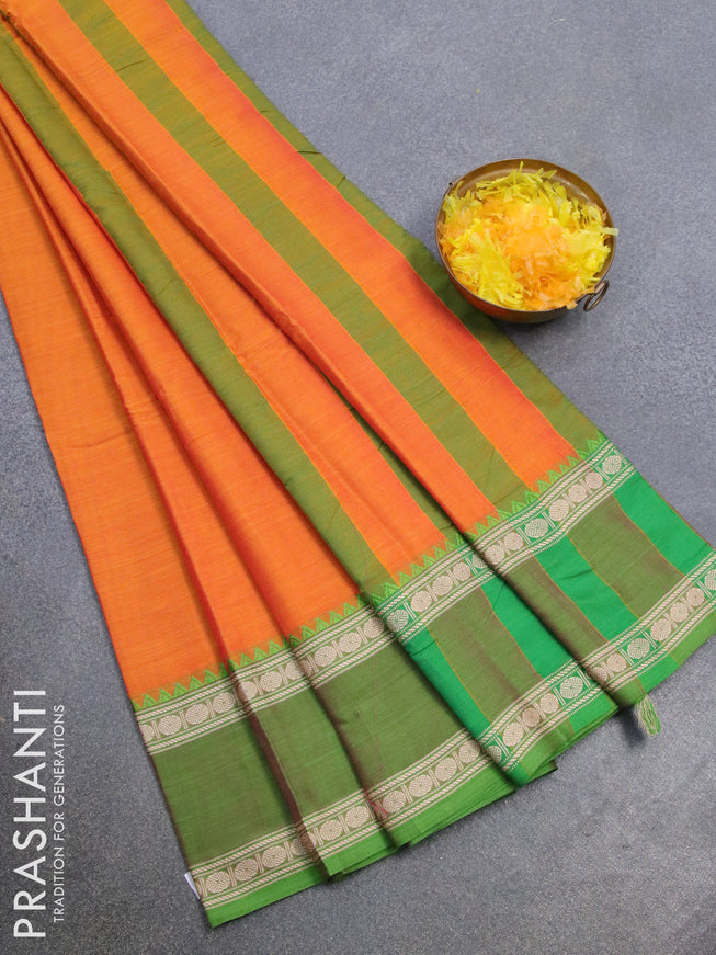 Narayanpet cotton saree orange with plain body and rettapet rudhraksha thread woven ganga jamuna border