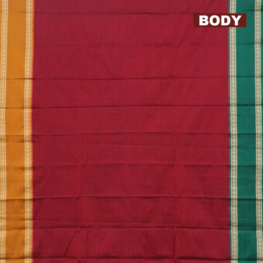 Narayanpet cotton saree maroon with plain body and rettapet rudhraksha thread woven ganga jamuna border