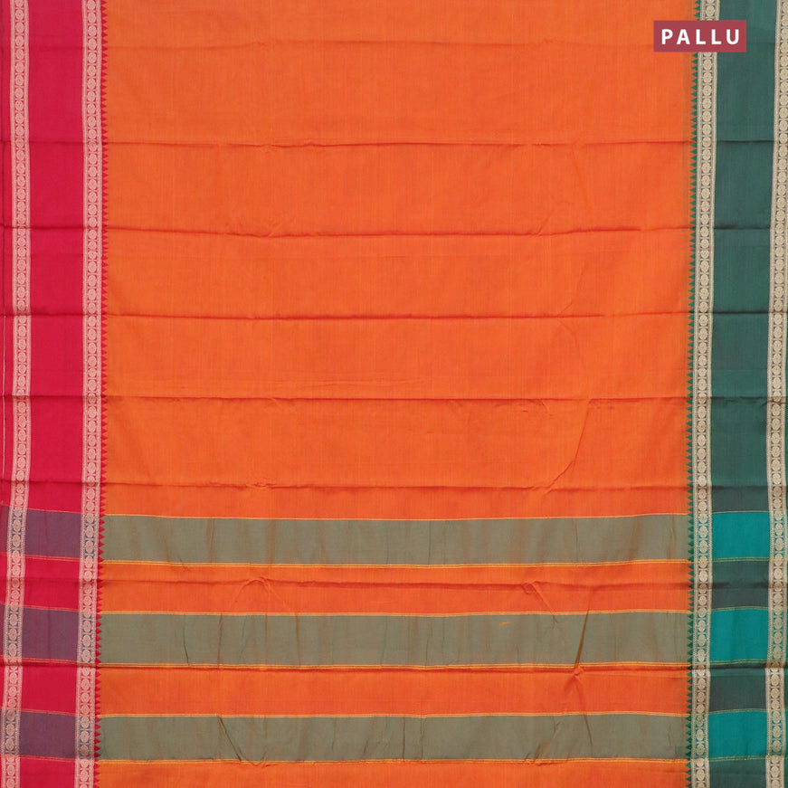 Narayanpet cotton saree sunset orange with plain body and rettapet rudhraksha thread woven ganga jamuna border