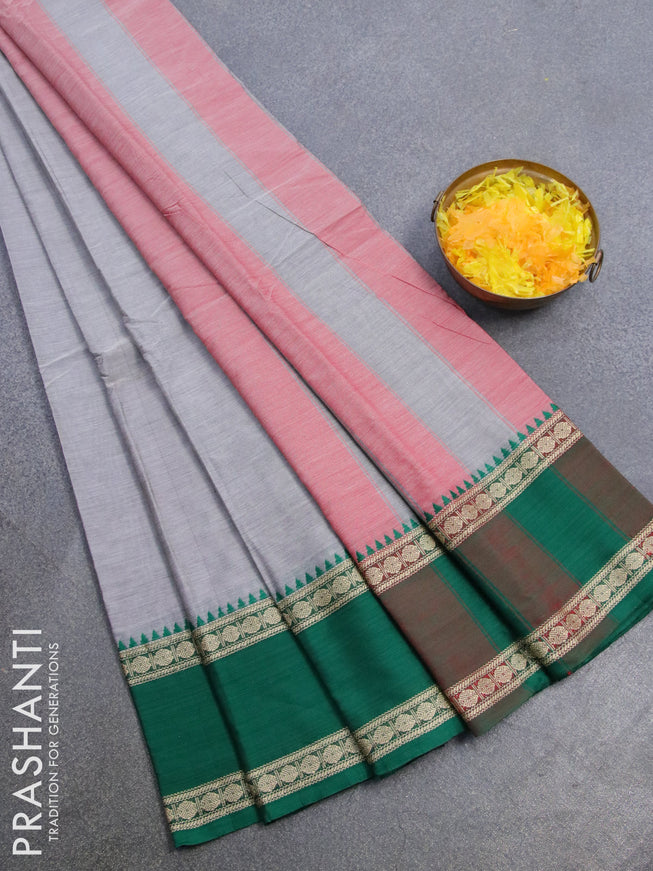 Narayanpet cotton saree grey with plain body and rettapet rudhraksha thread woven ganga jamuna border