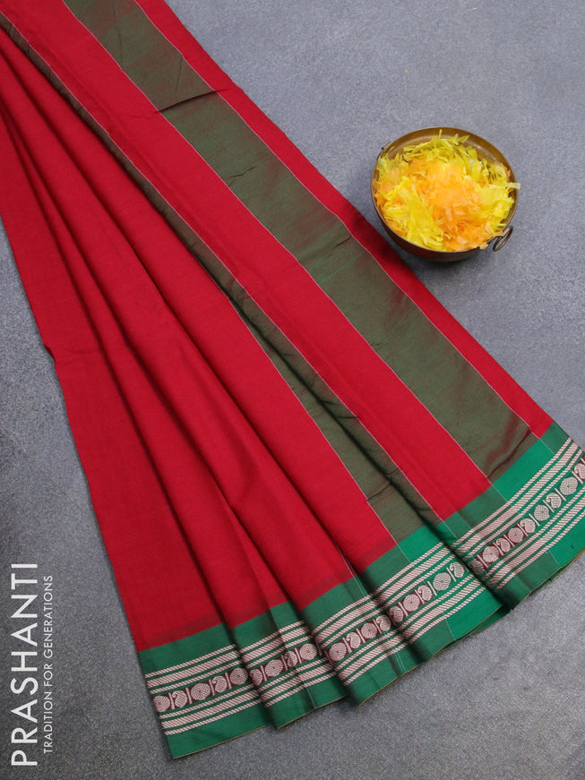 Narayanpet cotton saree red and green with plain body and rudhraksha thread woven border