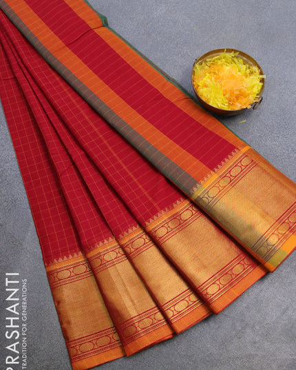 Narayanpet cotton saree red and mustard yellow with allover checked pattern and rudhraksha zari woven border