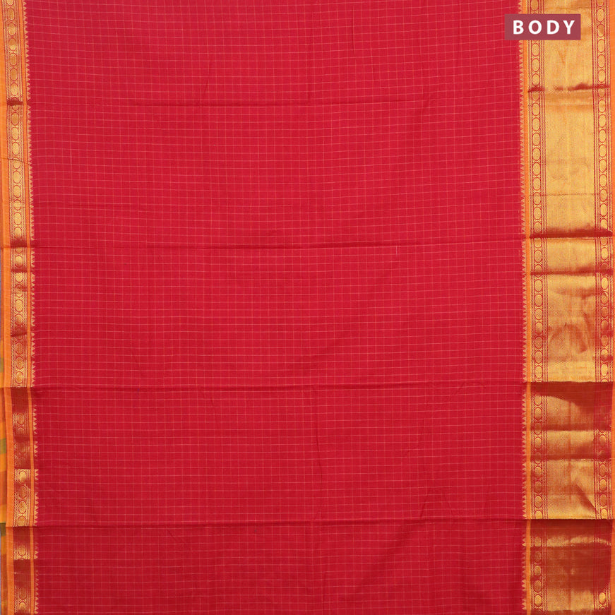 Narayanpet cotton saree red and mustard yellow with allover checked pattern and rudhraksha zari woven border