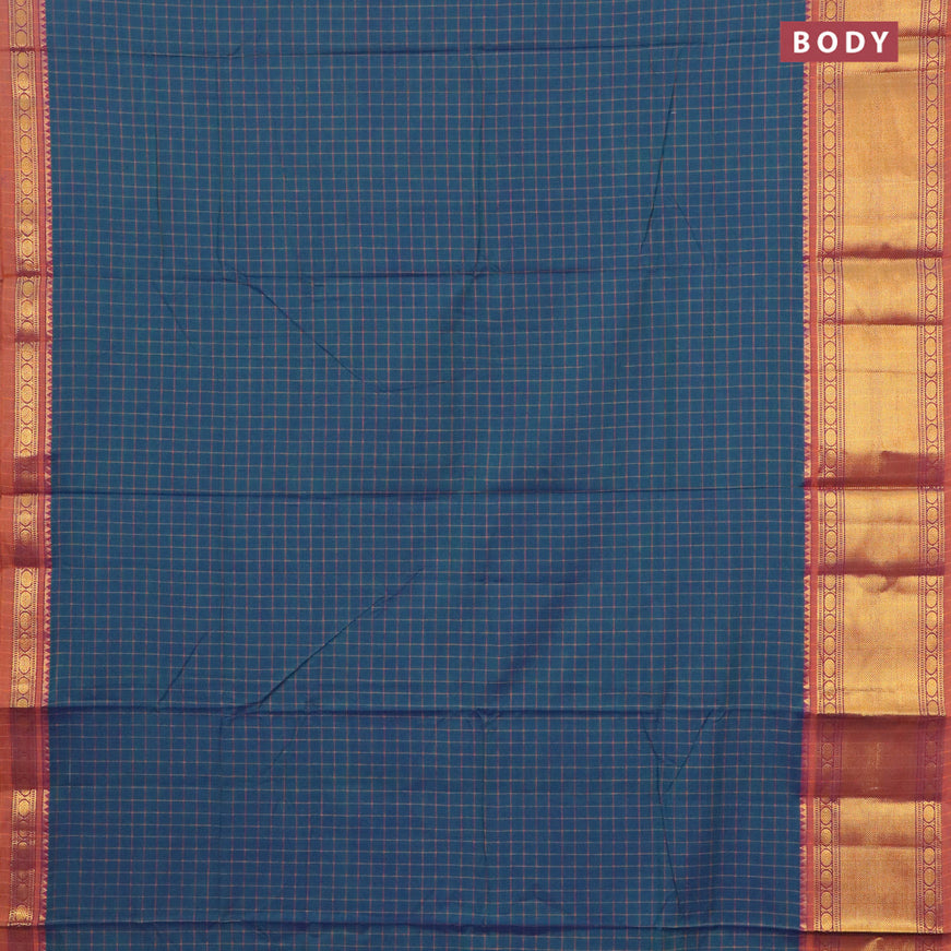 Narayanpet cotton saree dual shade of bluish green and dark mustard with allover checked pattern and rudhraksha zari woven border