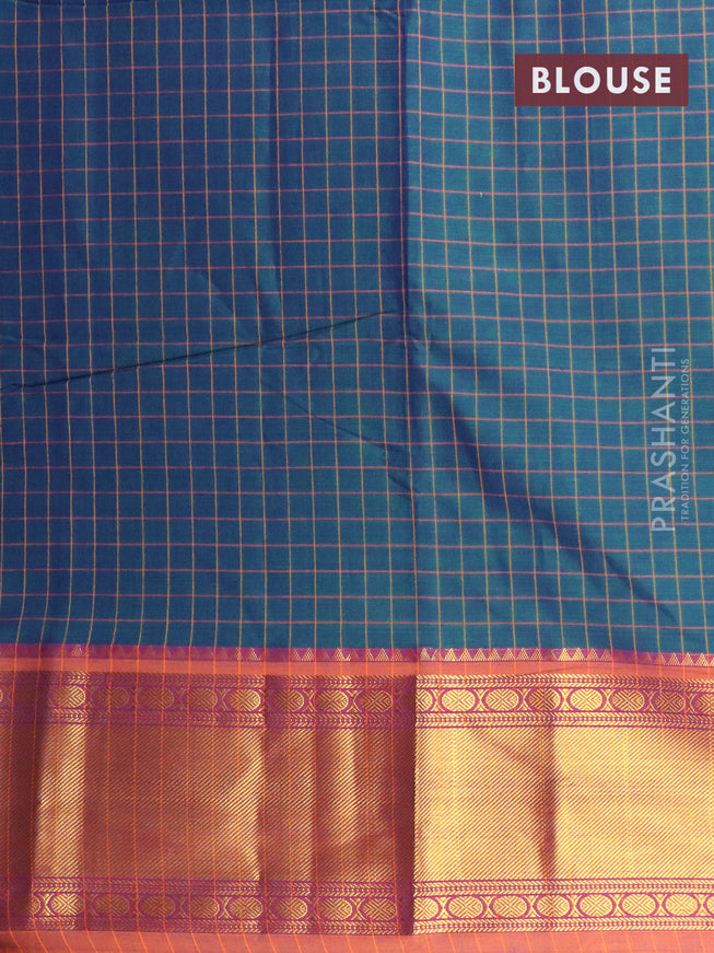 Narayanpet cotton saree dual shade of bluish green and dark mustard with allover checked pattern and rudhraksha zari woven border
