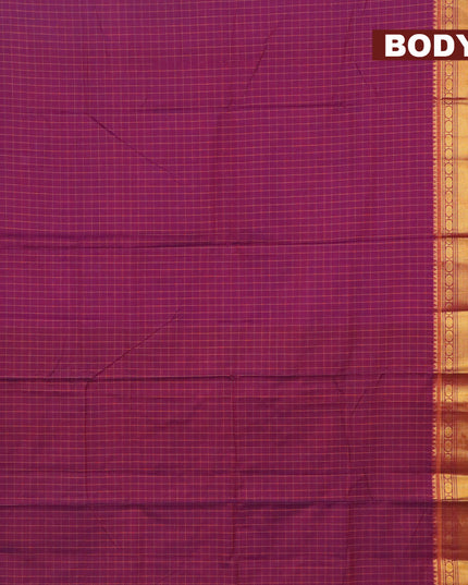Narayanpet cotton saree dual shade of purple and dark mustard with allover checked pattern and rudhraksha zari woven border