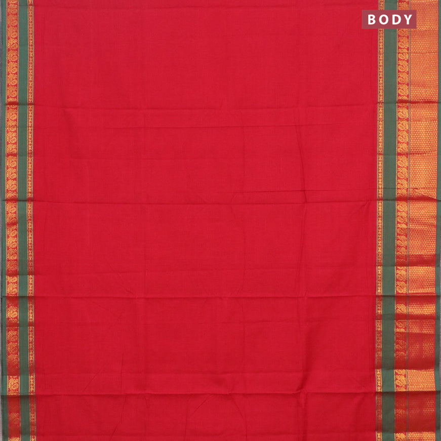 Narayanpet cotton saree red and green with plain body and zari woven border