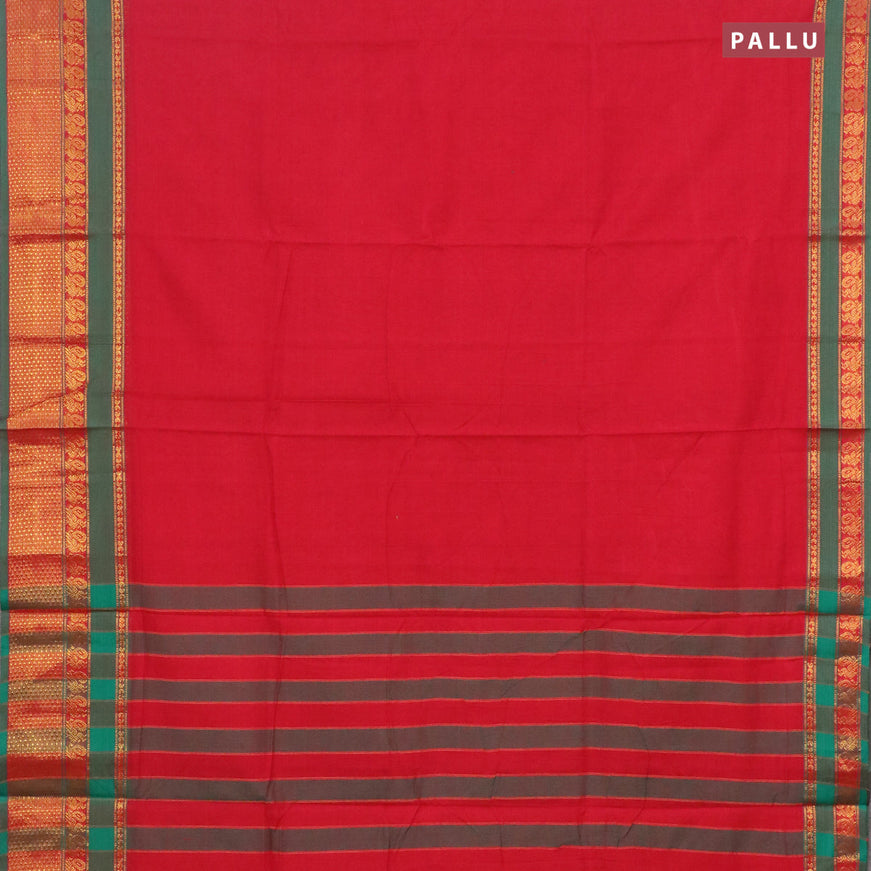 Narayanpet cotton saree red and green with plain body and zari woven border