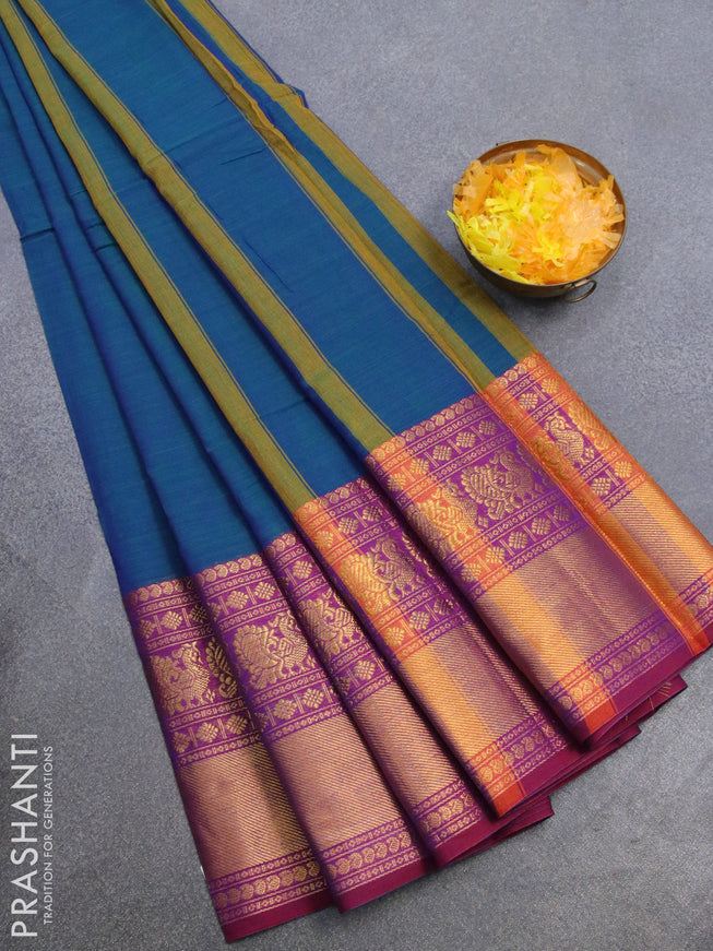 Narayanpet cotton saree dual shade of bluish green and magenta pink with plain body and long annam zari woven border