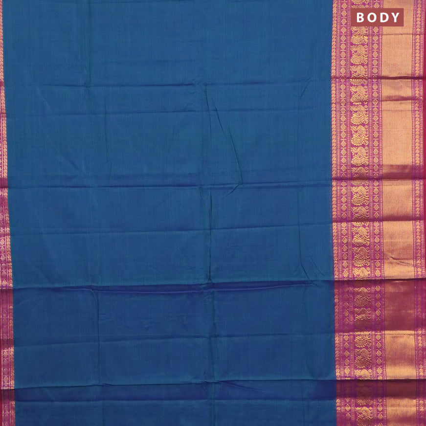 Narayanpet cotton saree dual shade of bluish green and magenta pink with plain body and long annam zari woven border