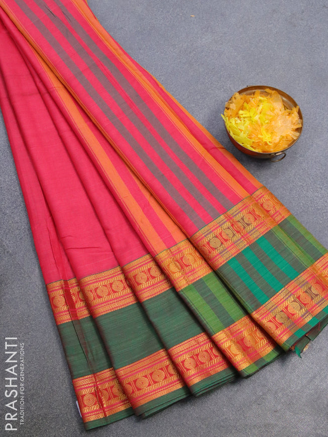 Narayanpet cotton saree pink and green with plain body and rettapet rudhraksha zari woven border