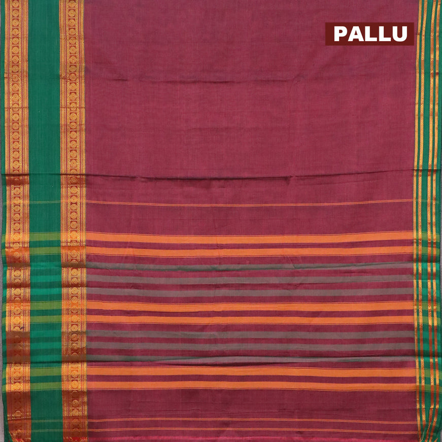 Narayanpet cotton saree mauve pink and green with plain body and rettapet rudhraksha zari woven border