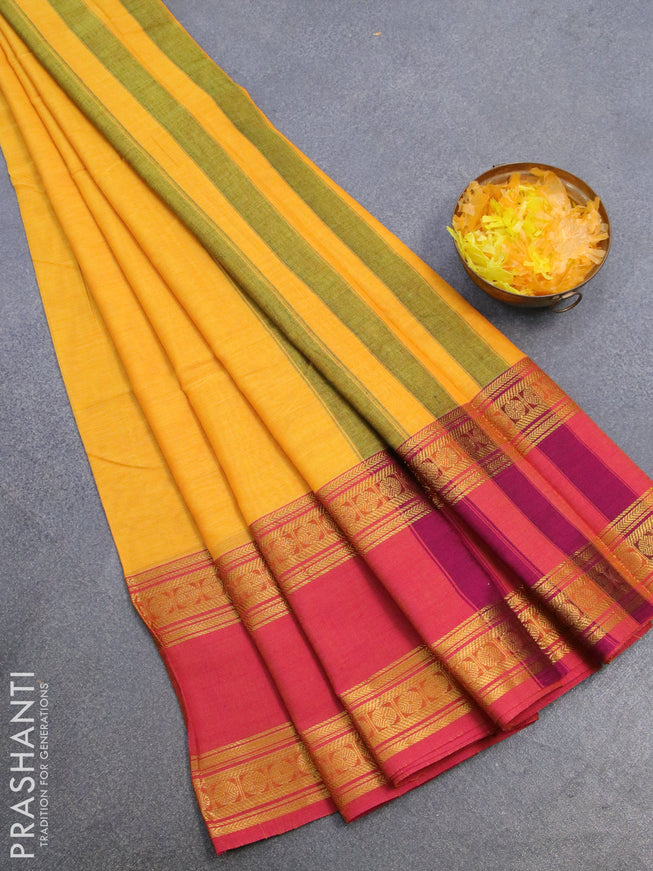 Narayanpet cotton saree yellow and pink shade with plain body and rettapet rudhraksha zari woven border