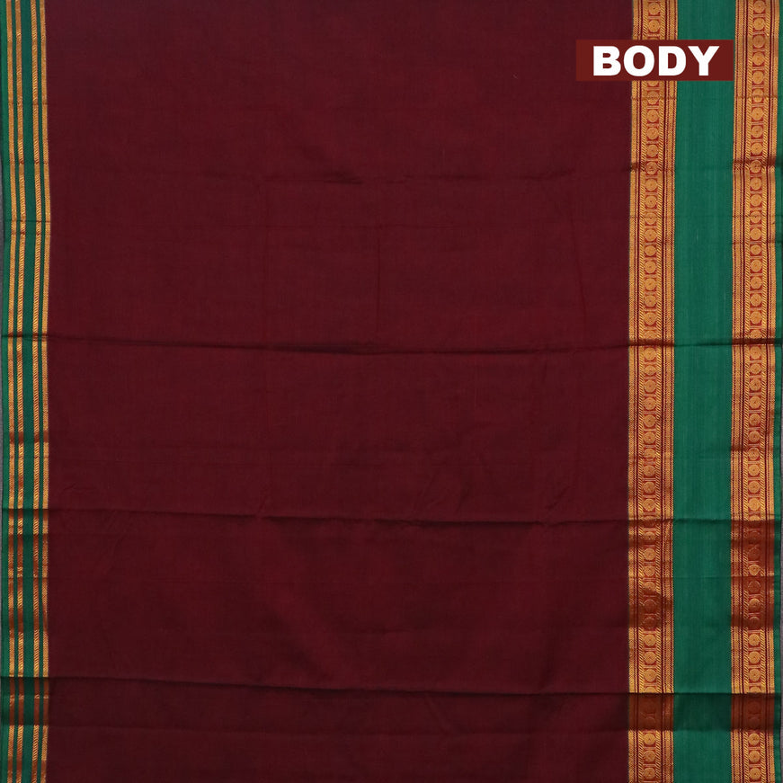 Narayanpet cotton saree maroon and green with plain body and rettapet rudhraksha zari woven border