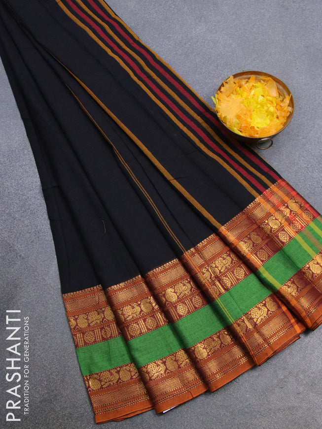 Narayanpet cotton saree black and dark mustard with plain body and rettapet zari woven border