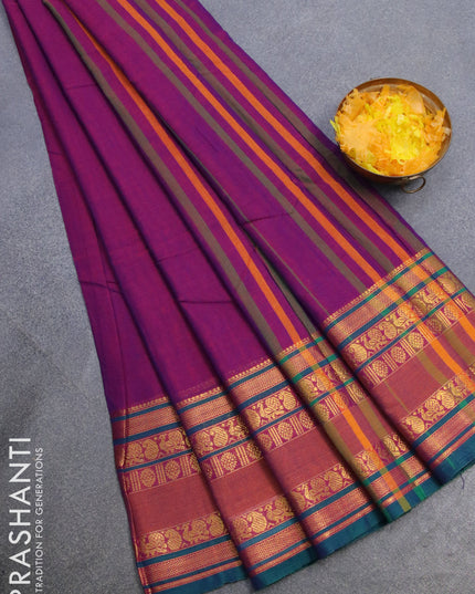 Narayanpet cotton saree purple and dual shade of green with plain body and rettapet zari woven border