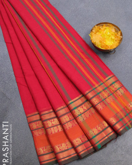 Narayanpet cotton saree red and green with plain body and rettapet zari woven border
