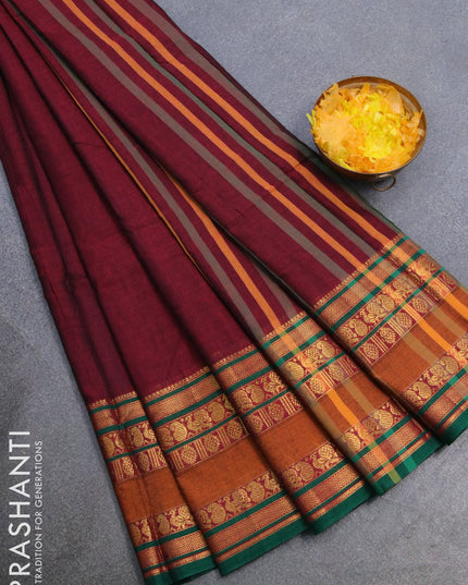 Narayanpet cotton saree maroon and green with plain body and rettapet zari woven border