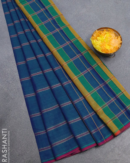 Narayanpet cotton saree dual shade of bluish green and magenta pink with allover thread weaves and piping border