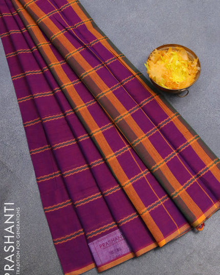 Narayanpet cotton saree dual shade of purple and mustard yellow with allover thread weaves and piping border