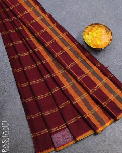 Narayanpet cotton saree maroon and mustard yellow with allover thread weaves and piping border