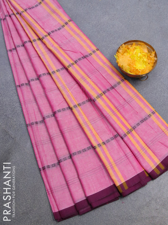 Narayanpet cotton saree light pink and purple with allover thread weaves and piping border