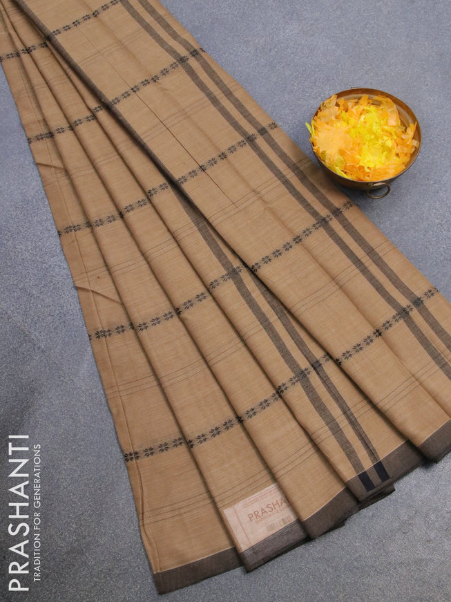 Narayanpet cotton saree beige and black with allover thread weaves and piping border