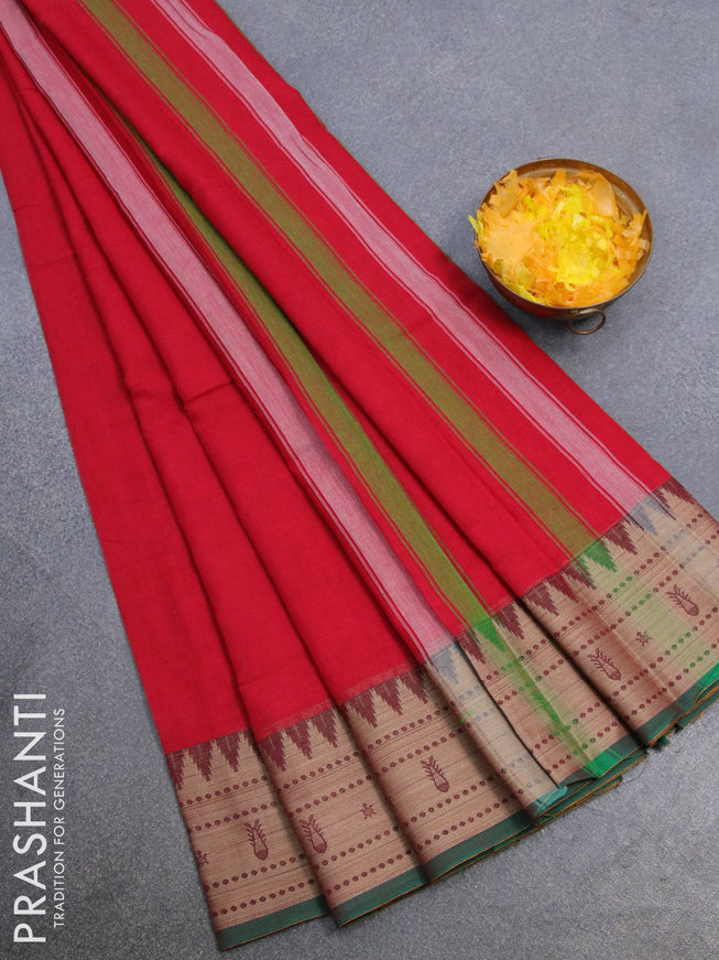 Narayanpet cotton saree red and green with plain body and thread woven border