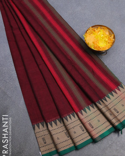 Narayanpet cotton saree deep maroon and green with plain body and thread woven border
