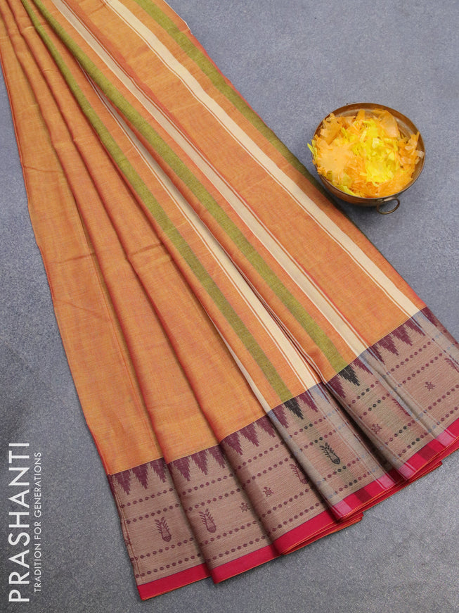 Narayanpet cotton saree dual shade of mustard yellow and red with plain body and thread woven border