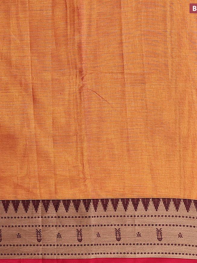 Narayanpet cotton saree dual shade of mustard yellow and red with plain body and thread woven border
