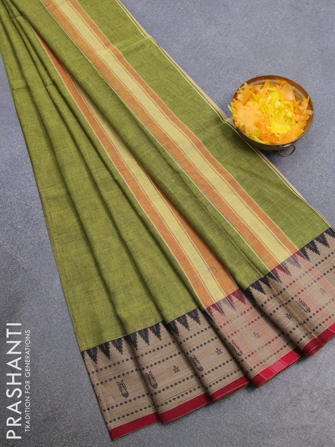 Narayanpet cotton saree light green and maroon with plain body and thread woven border