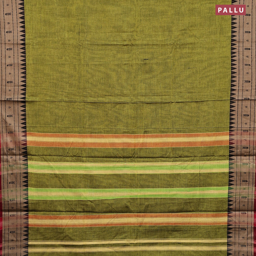 Narayanpet cotton saree light green and maroon with plain body and thread woven border