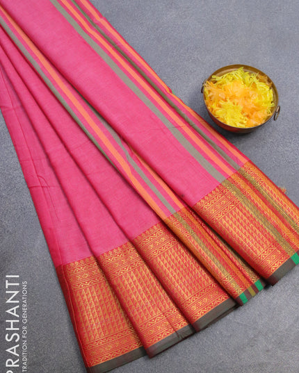 Narayanpet cotton saree pink shade and green with plain body and zari woven border